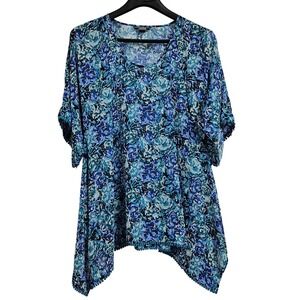 Lands End Cover Up Women Small Blue Floral Pom‎ Pom Trim Chiffon Beachwear